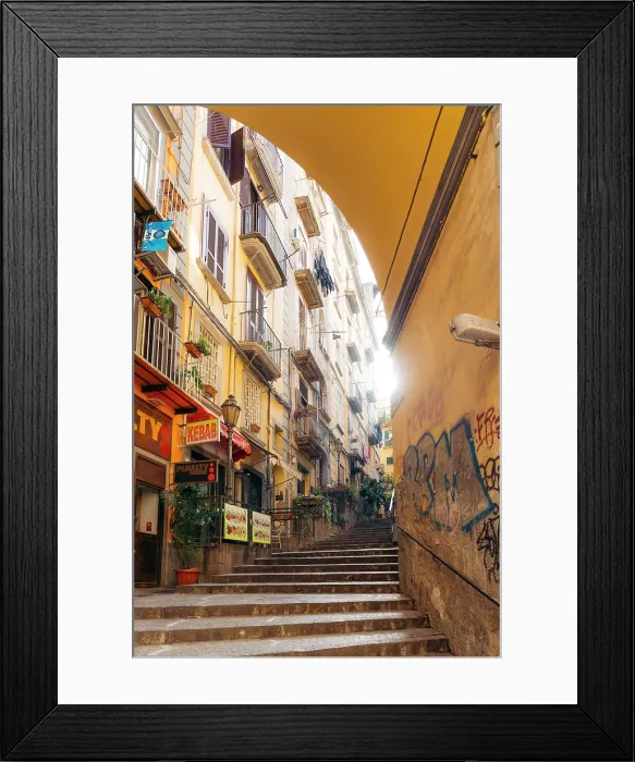 Framed Print : Naples street scene: Steps lead up past buildings, shops, and graffiti. Italy Framed Print : Naples street scene: Steps lead up past buildings, shops, and graffiti. Italy