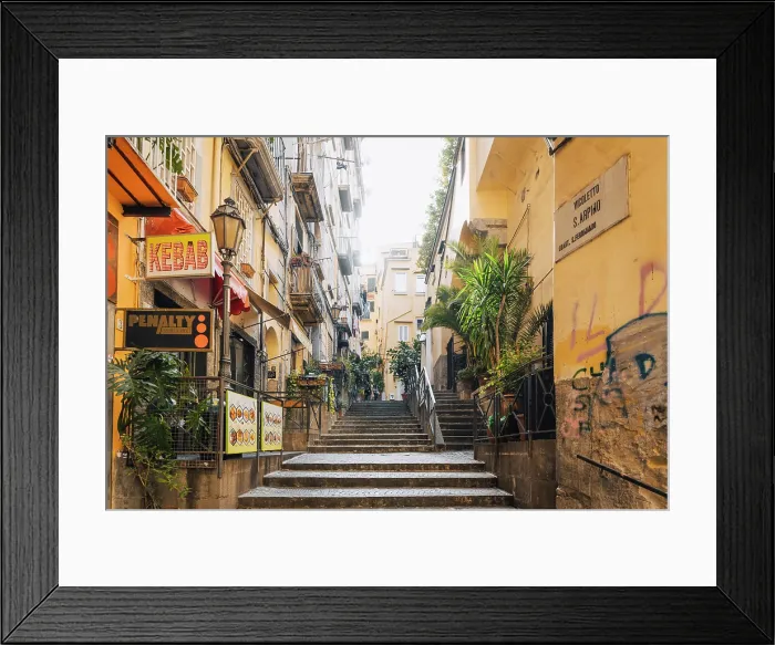 Framed Print : Stairs lead up Vicoletto S. Arpino, a narrow street in Naples, Italy Framed Print : Stairs lead up Vicoletto S. Arpino, a narrow street in Naples, Italy
