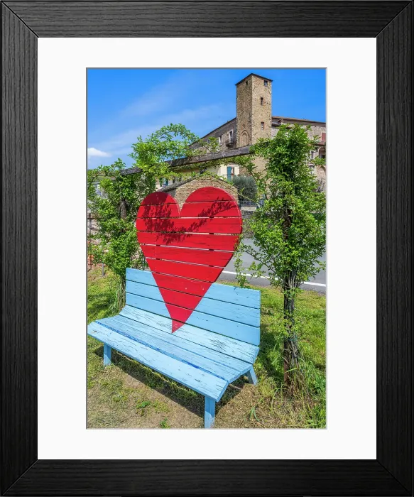Framed Print : Europe, Italy, Piedmont. The lover's bench in Monastero Bormida Framed Print : Europe, Italy, Piedmont. The lover's bench in Monastero Bormida