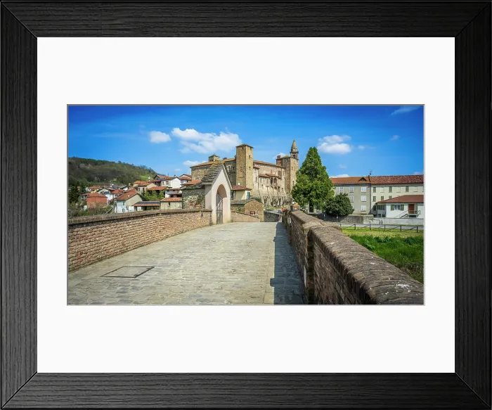 Framed Print : Europe, Italy, Piedmont. The historic centre of Monastero Bormida and the old roman bridge