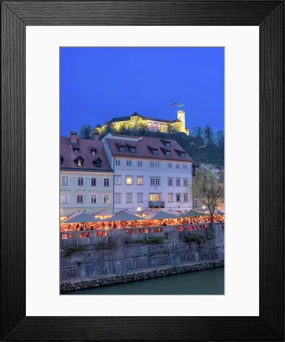 Framed Print : Town Centre, Restaurants and Ljubljana Castle at Dusk, Ljubljana, Slovenia, Eastern Europe Framed Print : Town Centre, Restaurants and Ljubljana Castle at Dusk, Ljubljana, Slovenia, Eastern Europe