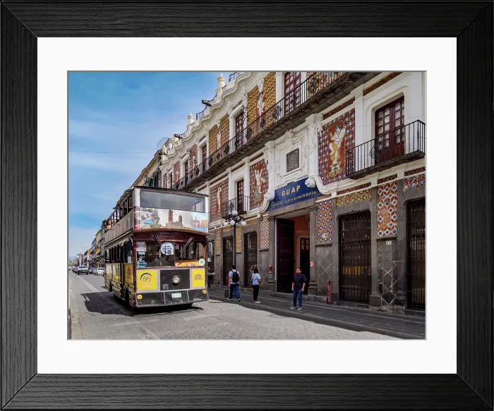 Framed Print : Double Decker City Tour Bus in front of Casa de los Munecos BUAP University Museum, City of Puebla, Puebla State, Mexico Framed Print : Double Decker City Tour Bus in front of Casa de los Munecos BUAP University Museum, City of Puebla, Puebla State, Mexico