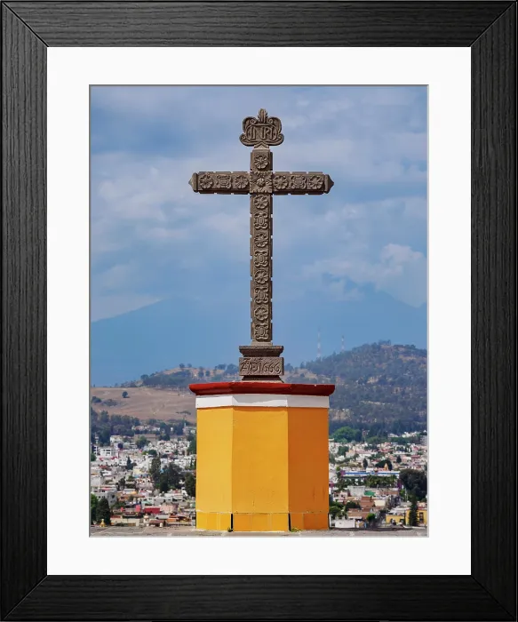 Framed Print : Cross in front of the Nuestra Senora de los Remedios Church on top of the Great Pyramid with Iztaccihuatl Volcano in the background, Cholula, Puebla State, Mexico