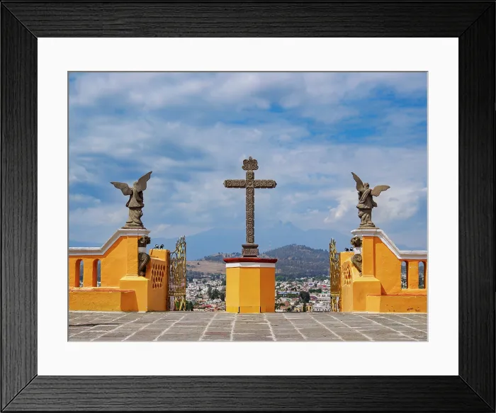 Framed Print : Cross in front of the Nuestra Senora de los Remedios Church on top of the Great Pyramid with Iztaccihuatl Volcano in the background, Cholula, Puebla State, Mexico Framed Print : Cross in front of the Nuestra Senora de los Remedios Church on top of the Great Pyramid with Iztaccihuatl Volcano in the background, Cholula, Puebla State, Mexico
