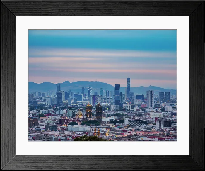Framed Print : View over the city towards the cathedral and high rise buildings at sunset, City of Puebla, Puebla State, Mexico Framed Print : View over the city towards the cathedral and high rise buildings at sunset, City of Puebla, Puebla State, Mexico