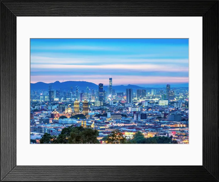 Framed Print : View over the city towards the cathedral and high rise buildings at dusk, City of Puebla, Puebla State, Mexico