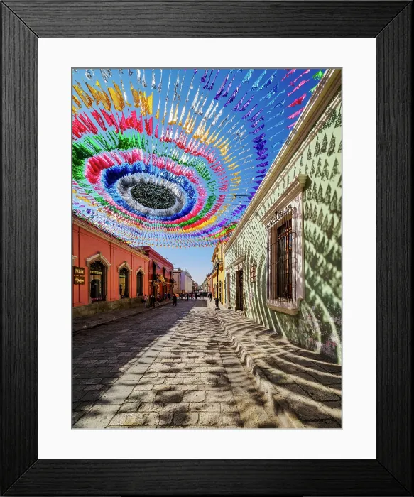 Framed Print : Colourful decorations at the Macedonio Alcala Street, Oaxaca de Juarez, Oaxaca State, Mexico