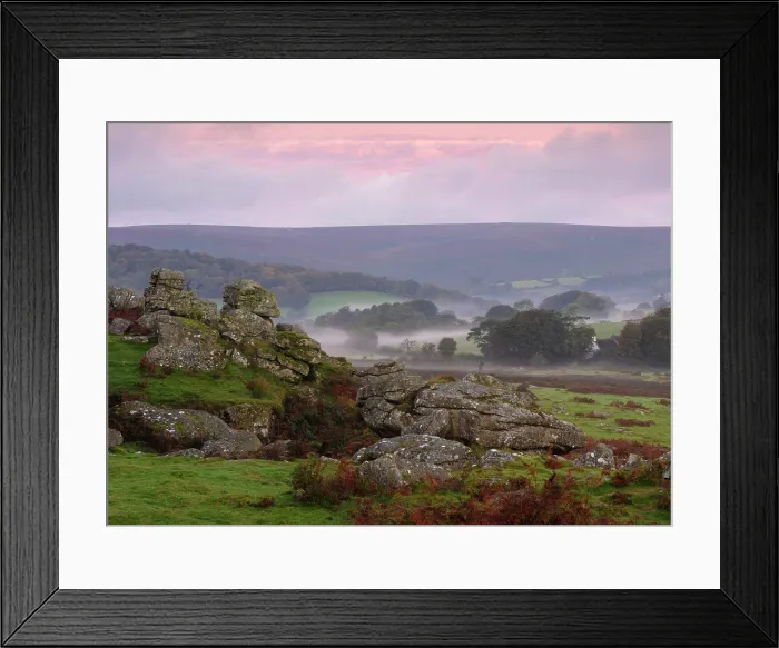 Framed Print : View from Combestone Tor to mist-filled valley, Dartmoor National Park, Devon, England Framed Print : View from Combestone Tor to mist-filled valley, Dartmoor National Park, Devon, England