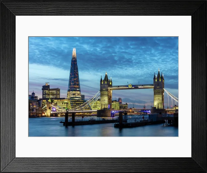 Framed Print : Tower Bridge, The Shard, City Hall and More London at twilight, London, England Framed Print : Tower Bridge, The Shard, City Hall and More London at twilight, London, England