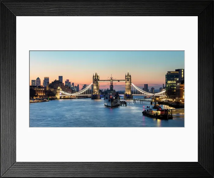 Framed Print : River Thames, HMS Belfast and Tower Bridge at dawn, from London Bridge, London, England Framed Print : River Thames, HMS Belfast and Tower Bridge at dawn, from London Bridge, London, England