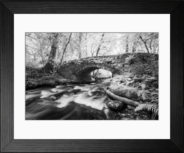 Framed Print : Infrared view of Buckland Bridge and the River Webburn, near Buckland-in-the-Moor, Dartmoor National Park, Devon, England