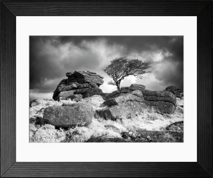 Framed Print : Infrared view of Emsworthy Rocks against a stormy sky, Dartmoor National Park, Devon, England Framed Print : Infrared view of Emsworthy Rocks against a stormy sky, Dartmoor National Park, Devon, England
