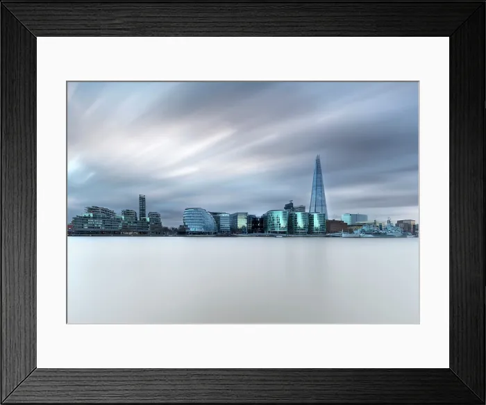 Framed Print : View across the River Thames at dusk towards The Shard, City Hall, More London and HMS Belfast, . London, England Framed Print : View across the River Thames at dusk towards The Shard, City Hall, More London and HMS Belfast, . London, England