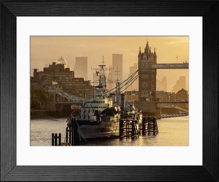Framed Print : River Thames, HMS Belfast and Tower Bridge at dawn, from London Bridge, London, England