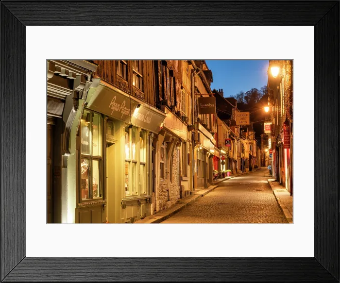 Framed Print : Honfleur Cobblestone Street at Night, Honfleur, Normandy, France