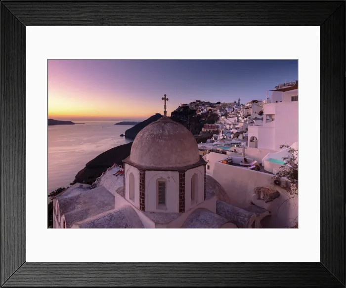 Framed Print : Fira at dusk, with an old domed church in the foreground, Fira, Santorini, Cyclades Islands, Greece, Europe Framed Print : Fira at dusk, with an old domed church in the foreground, Fira, Santorini, Cyclades Islands, Greece, Europe