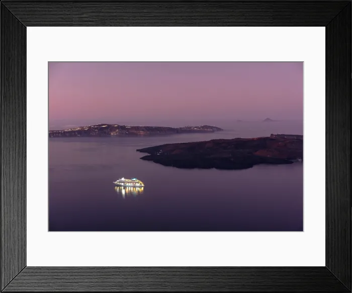 Framed Print : Cruise ship at dawn in calm waters off Firostephani, Santorini, Cyclades Islands, Greece, Europe Framed Print : Cruise ship at dawn in calm waters off Firostephani, Santorini, Cyclades Islands, Greece, Europe