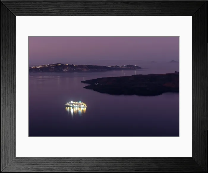 Framed Print : Cruise ship at dawn in calm waters off Firostephani, Santorini, Cyclades Islands, Greece, Europe Framed Print : Cruise ship at dawn in calm waters off Firostephani, Santorini, Cyclades Islands, Greece, Europe