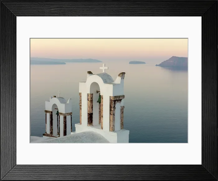 Framed Print : Belltower and caldera view at dawn, Oia, Santorini, Cyclades Islands, Greece, Europe Framed Print : Belltower and caldera view at dawn, Oia, Santorini, Cyclades Islands, Greece, Europe