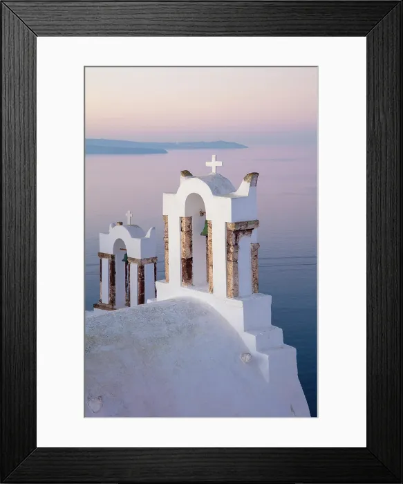 Framed Print : Belltower and caldera view at dawn, Oia, Santorini, Cyclades Islands, Greece, Europe Framed Print : Belltower and caldera view at dawn, Oia, Santorini, Cyclades Islands, Greece, Europe