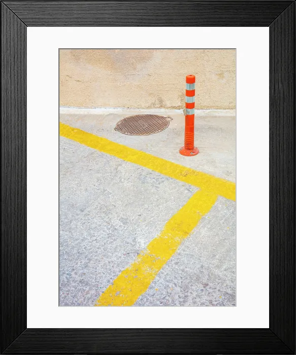 Framed Print : Yellow road markings and red post, Emporio, Santorini, Cyclades Islands, Greece, Europe Framed Print : Yellow road markings and red post, Emporio, Santorini, Cyclades Islands, Greece, Europe