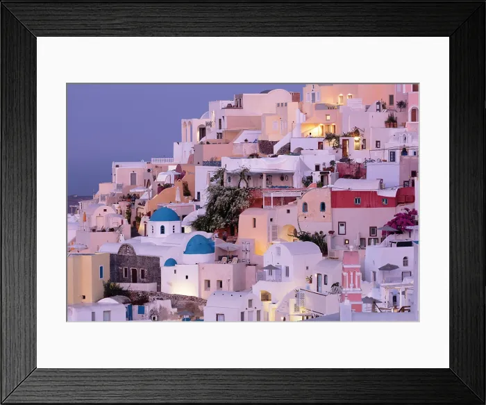 Framed Print : Traditional blue domed churches and whitewashed houses spilling down the edge of the caldera, Oia, Santorini, Cyclades Islands, Greece, Europe Framed Print : Traditional blue domed churches and whitewashed houses spilling down the edge of the caldera, Oia, Santorini, Cyclades Islands, Greece, Europe