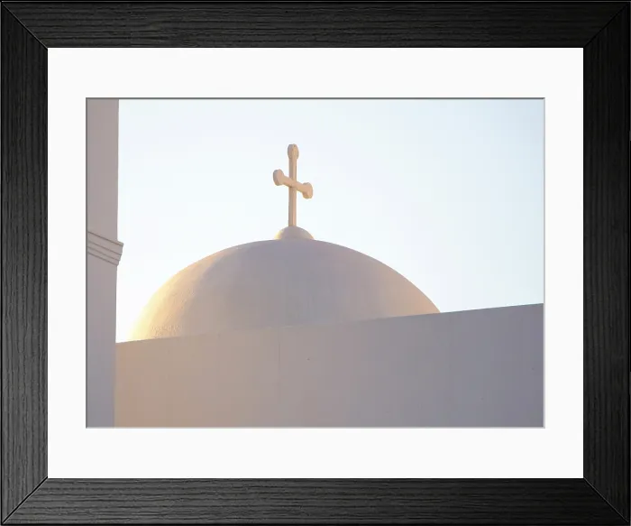 Framed Print : Church dome and cross at sunset, Oia, Santorini, Cyclades Islands, Greece, Europe