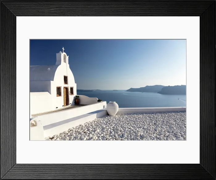 Framed Print : Small traditional Greek whitewashed church with caldera view, Oia, Santorini, Cyclades Islands, Greece, Europe Framed Print : Small traditional Greek whitewashed church with caldera view, Oia, Santorini, Cyclades Islands, Greece, Europe