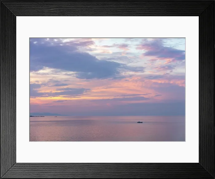 Framed Print : Fishing boat on the ocean at sunrise, Fira, Santorini, Cyclades Islands, Greece, Europe Framed Print : Fishing boat on the ocean at sunrise, Fira, Santorini, Cyclades Islands, Greece, Europe