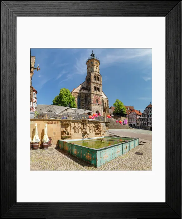 Framed Print : Fischbrunnen Fountain at the Market Square with St.Michaelkirche, Schwabisch Hall, Hohenlohe, Baden -Wurttemberg, Germany