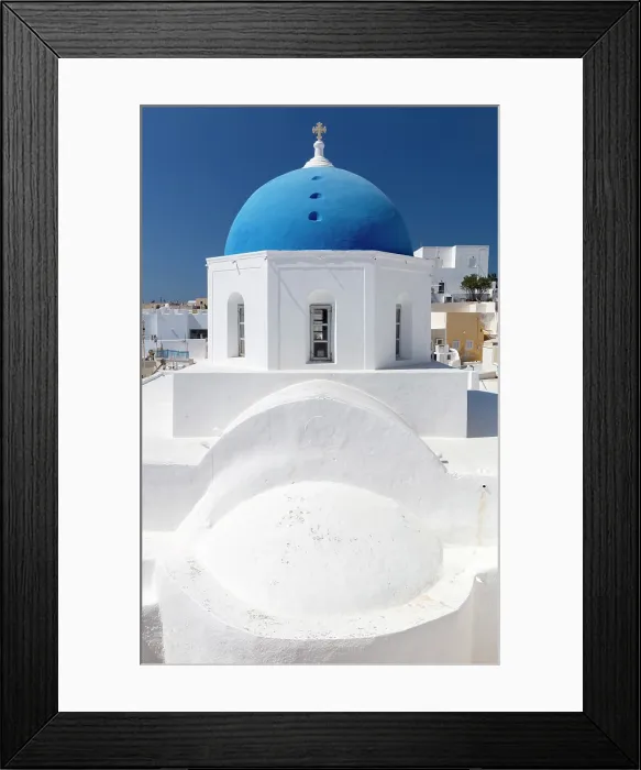 Framed Print : Blue domed church, Megalachori, Santorini, Cyclades Islands, Greece, Europe Framed Print : Blue domed church, Megalachori, Santorini, Cyclades Islands, Greece, Europe