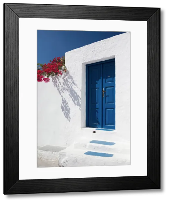 Framed Print : White wall with blue door and bougainvillea, Megalochori, Santorini, Cyclades Islands, Greece, Europe Framed Print : White wall with blue door and bougainvillea, Megalochori, Santorini, Cyclades Islands, Greece, Europe