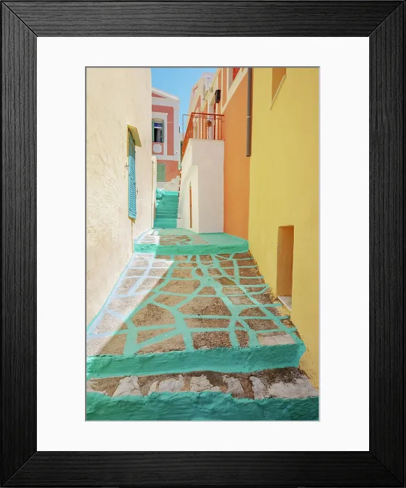 Framed Print : Colourful painted alley, Chorio, Symi Island, Dodecanese Islands, Greece Framed Print : Colourful painted alley, Chorio, Symi Island, Dodecanese Islands, Greece
