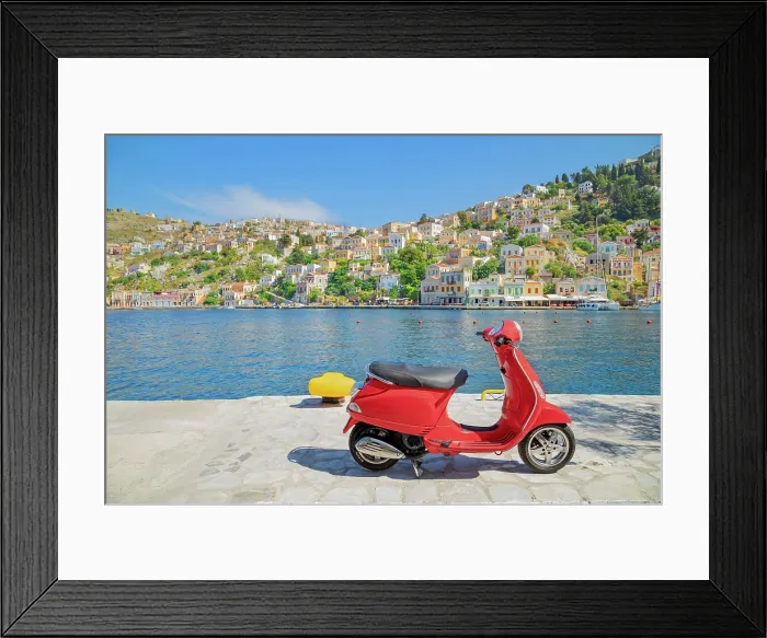 Framed Print : Red vespa scooter parked at Gialos harbour, Gialos, Symi Island, Dodecanese Islands, Greece Framed Print : Red vespa scooter parked at Gialos harbour, Gialos, Symi Island, Dodecanese Islands, Greece