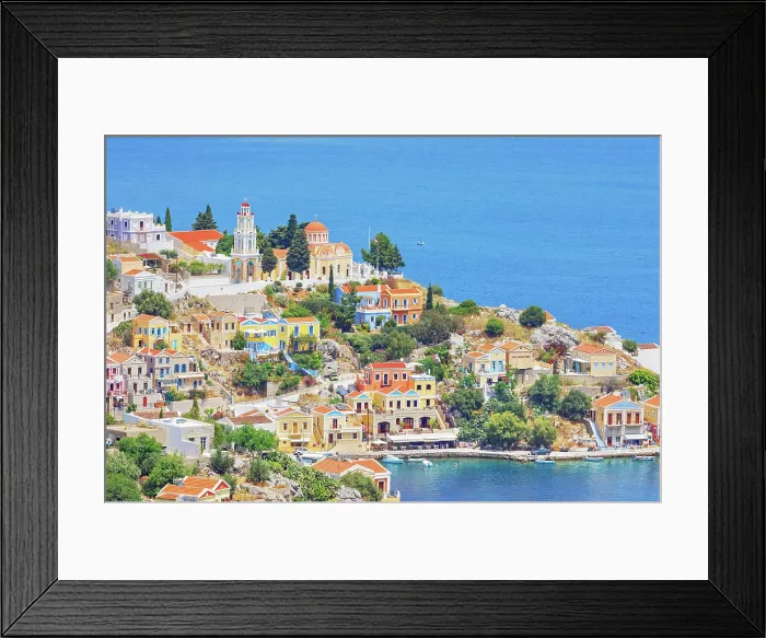 Framed Print : Colourful houses and Evangelismos church at the Harani Bay, Gialos, Symi Island, Dodecanese Islands, Greece