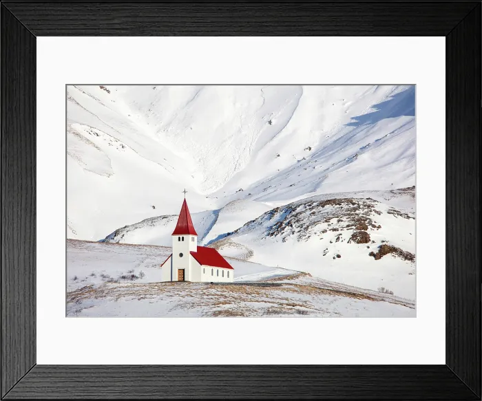 Framed Print : Red and white church with snow-covered mountains in the background, Vik y Myrdal, South Iceland Framed Print : Red and white church with snow-covered mountains in the background, Vik y Myrdal, South Iceland