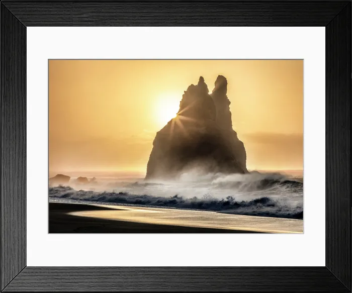 Framed Print : One of the Reynisdrangar rock stacks at sunrise, from Reynisfjara black sand beach, near Vik y Myrdal, South Iceland Framed Print : One of the Reynisdrangar rock stacks at sunrise, from Reynisfjara black sand beach, near Vik y Myrdal, South Iceland