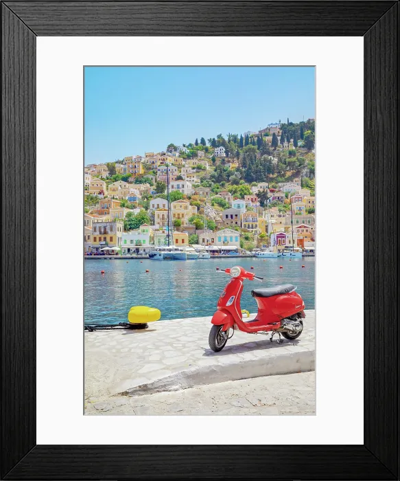 Framed Print : Red vespa scooter parked at Gialos harbour, Gialos, Symi Island, Dodecanese Islands, Greece Framed Print : Red vespa scooter parked at Gialos harbour, Gialos, Symi Island, Dodecanese Islands, Greece