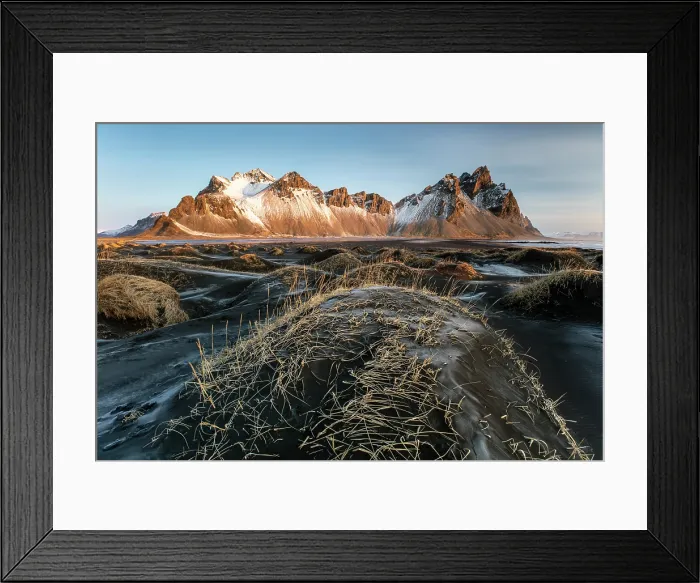 Framed Print : Vestrahorn mountain in winter, from the grassy black sand dunes.. Stokksnes, Southeast Iceland Framed Print : Vestrahorn mountain in winter, from the grassy black sand dunes.. Stokksnes, Southeast Iceland