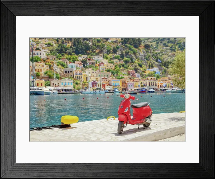 Framed Print : Red vespa scooter parked at Gialos harbour, Gialos, Symi Island, Dodecanese Islands, Greece