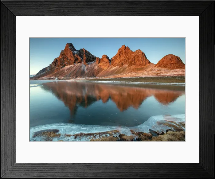 Framed Print : Eystrahorn bathed in evening light and reflecting in a nearby lake, Hvalnes Peninsula, Krossasnesfjall mountain region, Southeast Iceland Framed Print : Eystrahorn bathed in evening light and reflecting in a nearby lake, Hvalnes Peninsula, Krossasnesfjall mountain region, Southeast Iceland