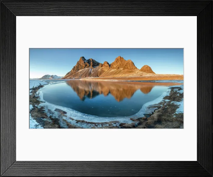 Framed Print : Eystrahorn bathed in evening light and reflecting in a nearby lake, Hvalnes Peninsula, Krossasnesfjall mountain region, Southeast Iceland Framed Print : Eystrahorn bathed in evening light and reflecting in a nearby lake, Hvalnes Peninsula, Krossasnesfjall mountain region, Southeast Iceland