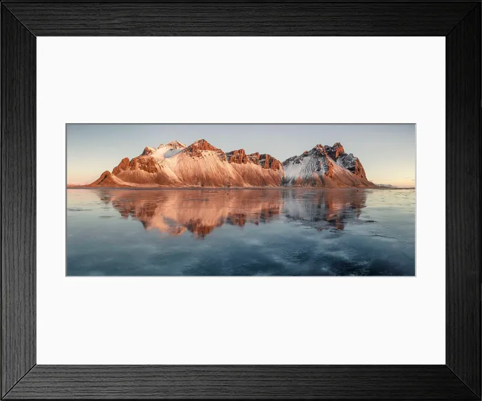 Framed Print : Vestrahorn mountain in winter, at dawn, reflecting in the shallow water of a nearby lagoon, Stokksnes, Southeast Iceland Framed Print : Vestrahorn mountain in winter, at dawn, reflecting in the shallow water of a nearby lagoon, Stokksnes, Southeast Iceland