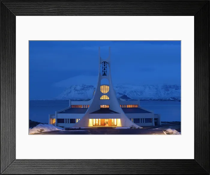 Framed Print : Stykkisholmskirkja at dusk, Lutheran church in Stykkisholmur, Snaefellsnes Peninsula, Iceland Framed Print : Stykkisholmskirkja at dusk, Lutheran church in Stykkisholmur, Snaefellsnes Peninsula, Iceland