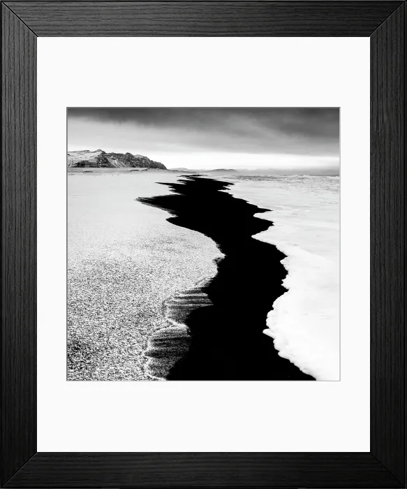 Framed Print : Black sand beach fringed by snow and surf, near Jokulsarlon, South Iceland Framed Print : Black sand beach fringed by snow and surf, near Jokulsarlon, South Iceland