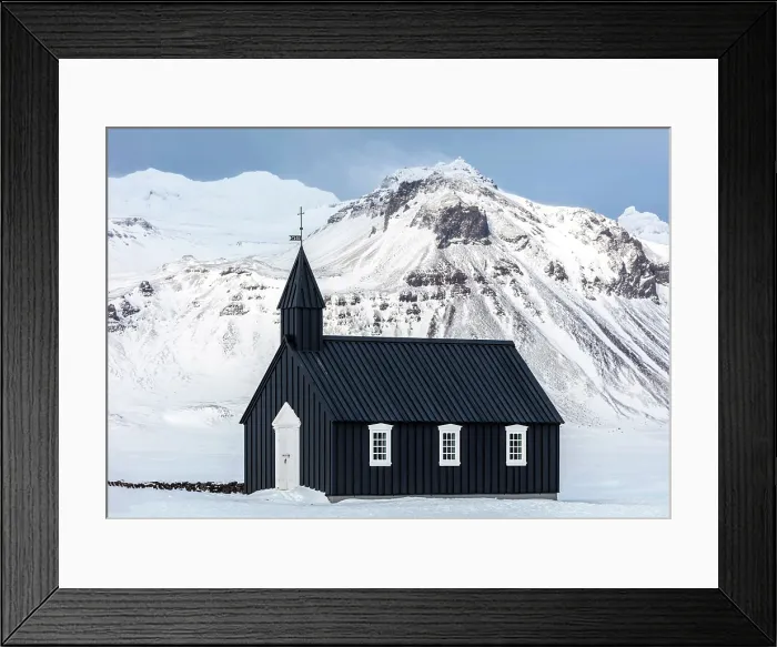 Framed Print : The famous black wooden church at Budir with snow-covered mountains behind, Snaefellsnes Peninsula, West Iceland Framed Print : The famous black wooden church at Budir with snow-covered mountains behind, Snaefellsnes Peninsula, West Iceland
