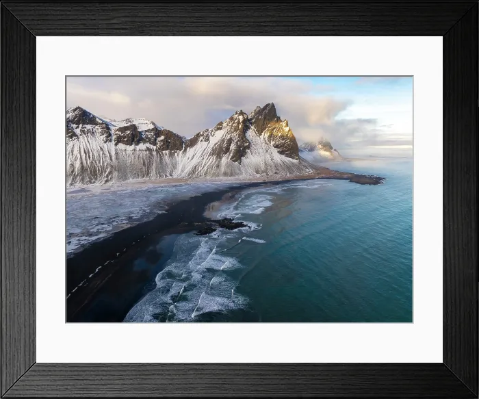Framed Print : Aerial view of Vestrahorn and the black sand beach at Stokksnes, Southeast Iceland Framed Print : Aerial view of Vestrahorn and the black sand beach at Stokksnes, Southeast Iceland