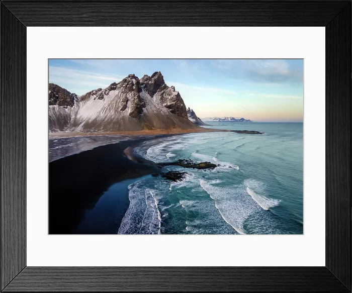 Framed Print : Aerial view of Vestrahorn and the black sand beach at Stokksnes, Southeast Icekand Framed Print : Aerial view of Vestrahorn and the black sand beach at Stokksnes, Southeast Icekand