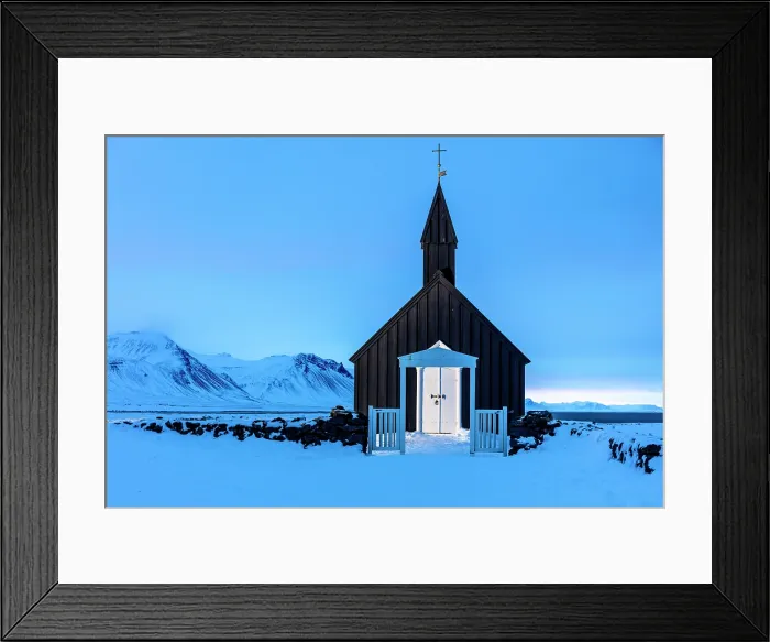 Framed Print : The famous black wooden church at Budir in winter, at dawn, Snaefellsnes Peninsula, West Iceland Framed Print : The famous black wooden church at Budir in winter, at dawn, Snaefellsnes Peninsula, West Iceland