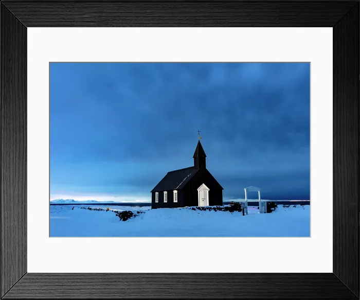 Framed Print : The famous black wooden church at Budir in winter, at dawn, Snaefellsnes Peninsula, West Iceland Framed Print : The famous black wooden church at Budir in winter, at dawn, Snaefellsnes Peninsula, West Iceland